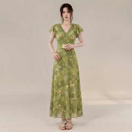 夏爆款法式温婉优雅蕾丝边乔其纱印花长款收腰显瘦连衣裙 服裝批發女裝批發服飾貨源