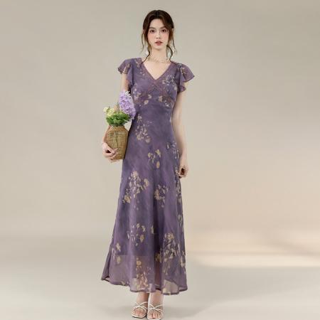 BY22158# 夏爆款法式温婉优雅蕾丝边乔其纱印花长款收腰显瘦连衣裙 服裝批發女裝批發服飾貨源