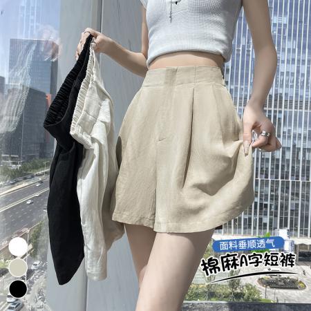 BY22163# 冰丝亚麻西装短裤女夏季高腰棉麻a字阔腿休闲显瘦五分裤 服裝批發女裝批發服飾貨源