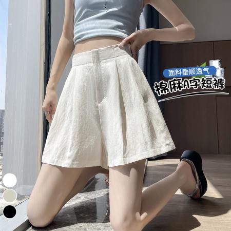 BY22163# 冰丝亚麻西装短裤女夏季高腰棉麻a字阔腿休闲显瘦五分裤 服裝批發女裝批發服飾貨源