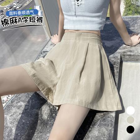 BY22163# 冰丝亚麻西装短裤女夏季高腰棉麻a字阔腿休闲显瘦五分裤 服裝批發女裝批發服飾貨源