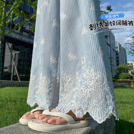 BY22165# 蓝色条纹刺绣阔腿裤女夏季新款高腰蕾丝拼接休闲直筒裤 服裝批發女裝批發服飾貨源