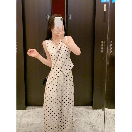 BY22167# 韩系复古波点套装女夏甜美V领无袖马甲高腰显瘦直筒阔腿裤两件套 服裝批發女裝批發服飾貨源