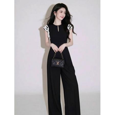 BY22168# 法式超火小众不撞款气质收腰显瘦小香风黑色连体裤女新款 服裝批發女裝批發服飾貨源