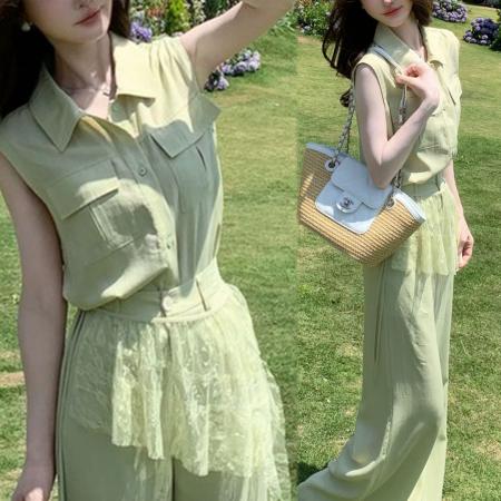 BY22178# 夏季松弛老钱风时尚套装无袖衬衫蕾丝披帘阔腿裤三件套 服裝批發女裝批發服飾貨源