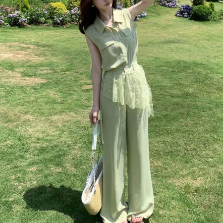 BY22178# 夏季松弛老钱风时尚套装无袖衬衫蕾丝披帘阔腿裤三件套 服裝批發女裝批發服飾貨源