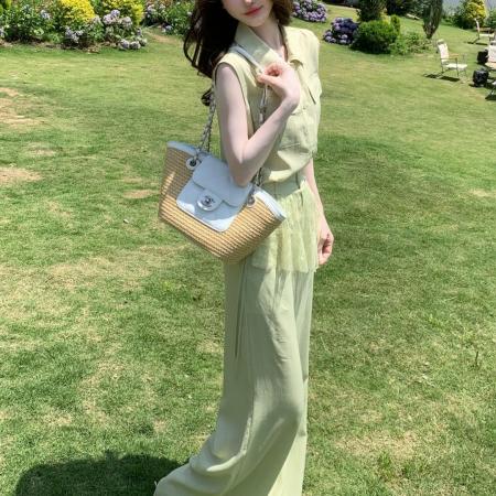 BY22178# 夏季松弛老钱风时尚套装无袖衬衫蕾丝披帘阔腿裤三件套 服裝批發女裝批發服飾貨源