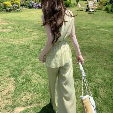 BY22178# 夏季松弛老钱风时尚套装无袖衬衫蕾丝披帘阔腿裤三件套 服裝批發女裝批發服飾貨源
