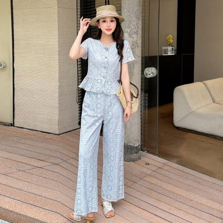 BY22181# 夏季蕾丝高级感拼接上衣长裤两件套 服裝批發女裝批發服飾貨源