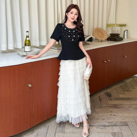 大码圆领钉珠重工拼接烫钻蛋糕裙千金风两件套 服裝批發女裝批發服飾貨源