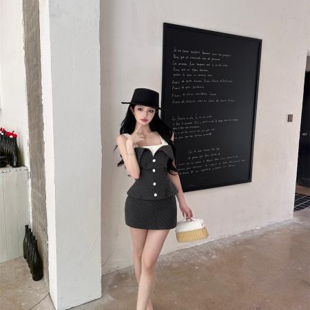 BY22190# 辣妹撞色条纹修身上衣包臀裙套装女夏季新款御姐女团风套装 服裝批發女裝批發服飾貨源