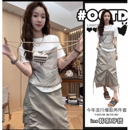 BY22196# 今年流行穿搭一整套夏季新款假两件短袖设计感半身裙两件套潮 服裝批發女裝批發服飾貨源