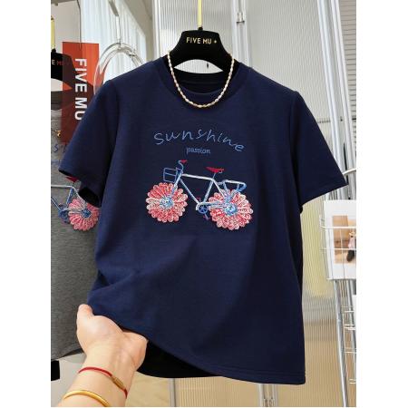 BY22217# 支纯棉特大码300斤新款重工刺绣短袖T恤女夏季 服裝批發女裝批發服飾貨源