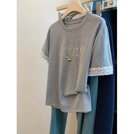 BY22220# 支纯棉特大码300斤拼接蕾丝花边短袖t恤女夏款上衣 服裝批發女裝批發服飾貨源