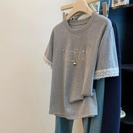 BY22220# 支纯棉特大码300斤拼接蕾丝花边短袖t恤女夏款上衣 服裝批發女裝批發服飾貨源