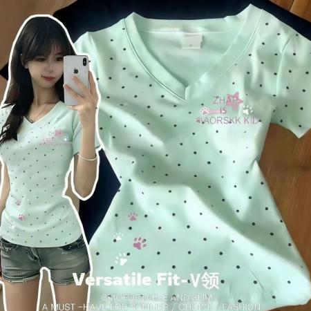 BY22222# 精梳后包领修身显瘦正肩V领短袖t恤女 服裝批發女裝批發服飾貨源