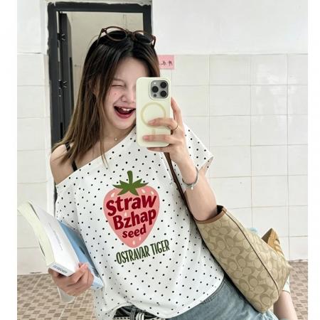 BY22224# 夏季纯棉奥代尔波点斜肩短袖T恤女 服裝批發女裝批發服飾貨源