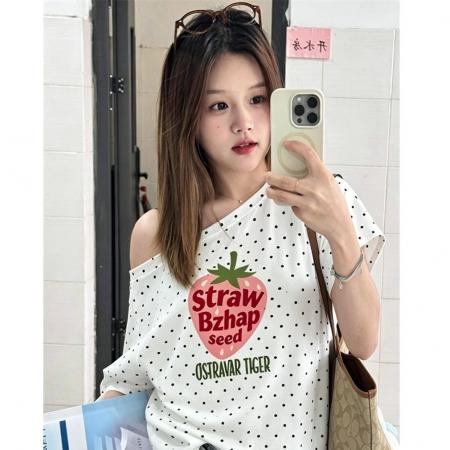 BY22224# 夏季纯棉奥代尔波点斜肩短袖T恤女 服裝批發女裝批發服飾貨源