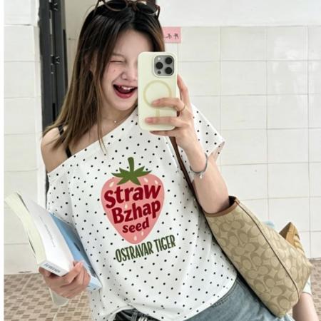 BY22224# 夏季纯棉奥代尔波点斜肩短袖T恤女 服裝批發女裝批發服飾貨源