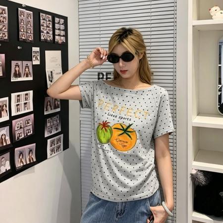 BY22225# 纯棉奥代尔波点斜肩短袖T恤女 服裝批發女裝批發服飾貨源