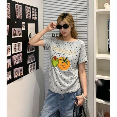 BY22225# 纯棉奥代尔波点斜肩短袖T恤女 服裝批發女裝批發服飾貨源