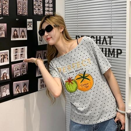 BY22225# 纯棉奥代尔波点斜肩短袖T恤女 服裝批發女裝批發服飾貨源