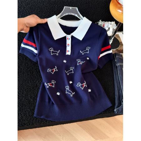 BY22229# 学院风冰丝多只小狗刺绣针织衫女修身百搭Polo领短袖上衣 服裝批發女裝批發服飾貨源