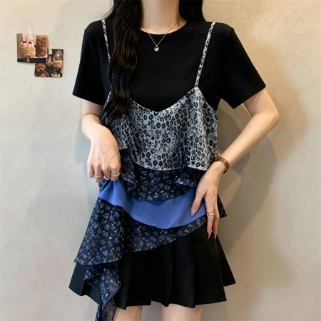 BY22259# 大码胖MM新款甜美波点荷叶边两件套短袖T恤女显瘦上衣 服裝批發女裝批發服飾貨源