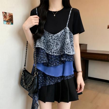 BY22259# 大码胖MM新款甜美波点荷叶边两件套短袖T恤女显瘦上衣 服裝批發女裝批發服飾貨源