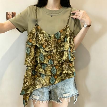 BY22260# 大码胖MM新款甜美印花荷叶边衬衣女遮肉显瘦上衣 服裝批發女裝批發服飾貨源