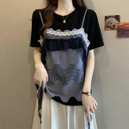 BY22261# 大码胖MM新款设计感假两件短袖T恤女显瘦不规则上衣 服裝批發女裝批發服飾貨源