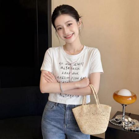 BY22285# 白色圆领短袖T恤女夏季新款字母印花修身内搭辣妹上衣 服裝批發女裝批發服飾貨源