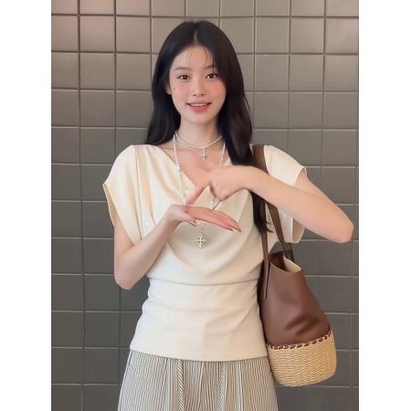 BY22303# 法式白色荡领t恤女夏季巨好看短袖别致绝美收腰显瘦百搭气质上衣 服裝批發女裝批發服飾貨源
