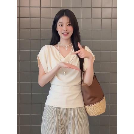 BY22303# 法式白色荡领t恤女夏季巨好看短袖别致绝美收腰显瘦百搭气质上衣 服裝批發女裝批發服飾貨源