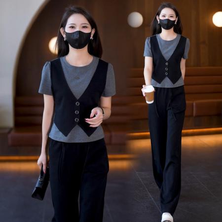BY22329# 简约气质假两件T恤套装夏季新款直筒通勤长裤两件套女 服裝批發女裝批發服飾貨源