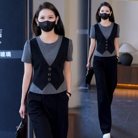 BY22329# 简约气质假两件T恤套装夏季新款直筒通勤长裤两件套女 服裝批發女裝批發服飾貨源