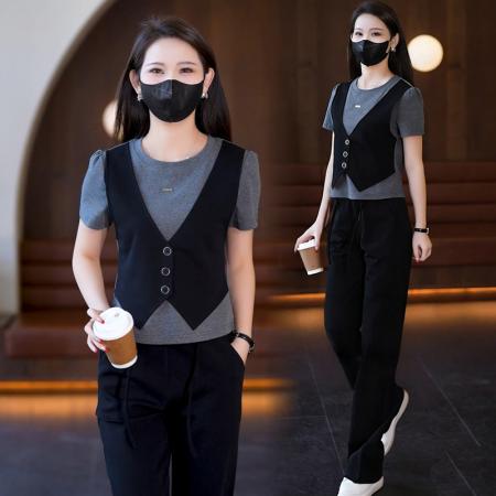 BY22329# 简约气质假两件T恤套装夏季新款直筒通勤长裤两件套女 服裝批發女裝批發服飾貨源