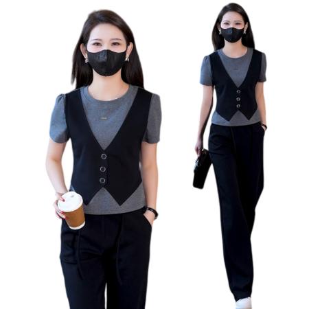 BY22329# 简约气质假两件T恤套装夏季新款直筒通勤长裤两件套女 服裝批發女裝批發服飾貨源