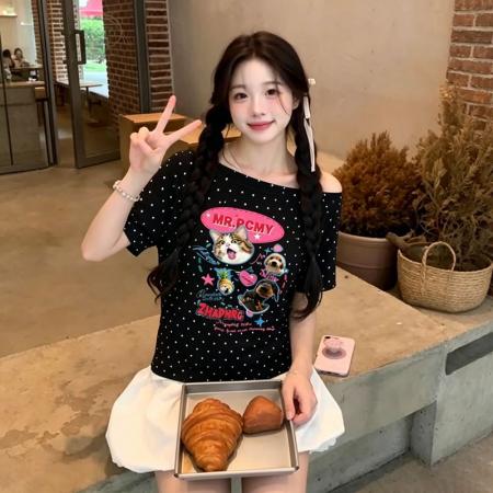 BY22336# 纯棉奥代尔波点斜肩短袖T恤女 服裝批發女裝批發服飾貨源