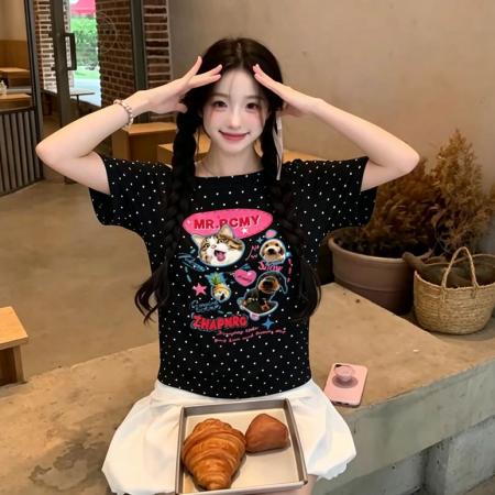 BY22336# 纯棉奥代尔波点斜肩短袖T恤女 服裝批發女裝批發服飾貨源