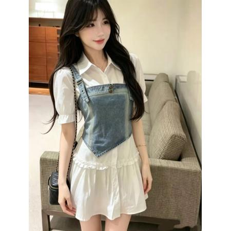 BY22340# 夏季通勤风两件套女装时尚显瘦高级感白衬衫牛仔背心收腰套装 服裝批發女裝批發服飾貨源