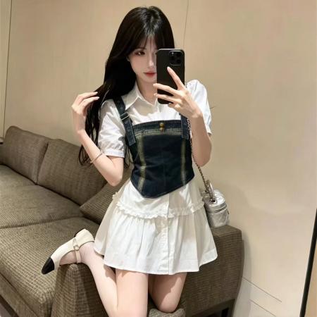 BY22340# 夏季通勤风两件套女装时尚显瘦高级感白衬衫牛仔背心收腰套装 服裝批發女裝批發服飾貨源