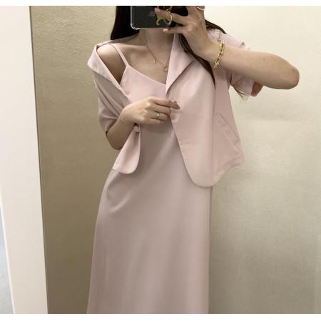 BY22344# 韩国chic春夏新品简约短袖西服外套+吊带连衣裙长裙两件套装 服裝批發女裝批發服飾貨源