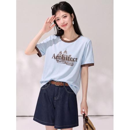 BY22361# 夏季新款圆领拼接撞色宽松时尚高级感T恤上衣女 服裝批發女裝批發服飾貨源
