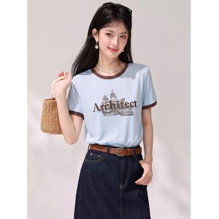 BY22361# 夏季新款圆领拼接撞色宽松时尚高级感T恤上衣女 服裝批發女裝批發服飾貨源