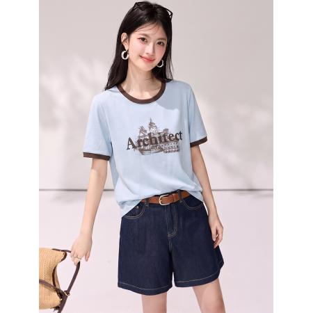 BY22361# 夏季新款圆领拼接撞色宽松时尚高级感T恤上衣女 服裝批發女裝批發服飾貨源