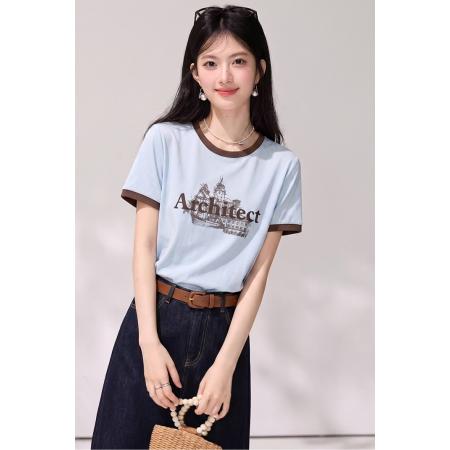 BY22361# 夏季新款圆领拼接撞色宽松时尚高级感T恤上衣女 服裝批發女裝批發服飾貨源