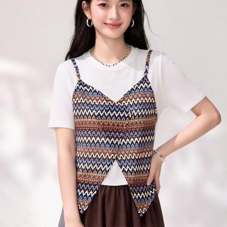 BY22362# 夏季新款复古显瘦阔色假两件吊带拼接T恤 服裝批發女裝批發服飾貨源