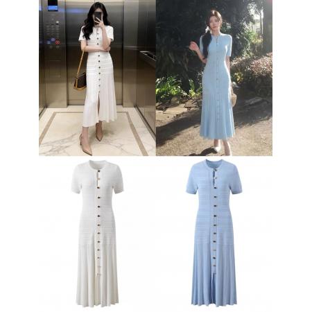BY22376# 高端女装夏季新款法式小香风百褶长款针织连衣裙 服裝批發女裝批發服飾貨源