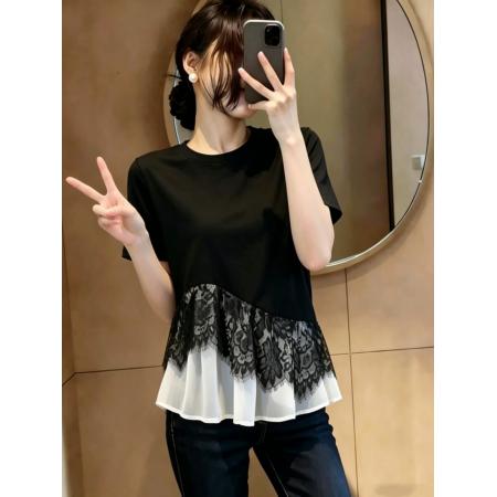 BY22378# 法式轻熟优雅风拼接短袖T恤女夏季新款黑色气质修身显瘦上衣 服裝批發女裝批發服飾貨源
